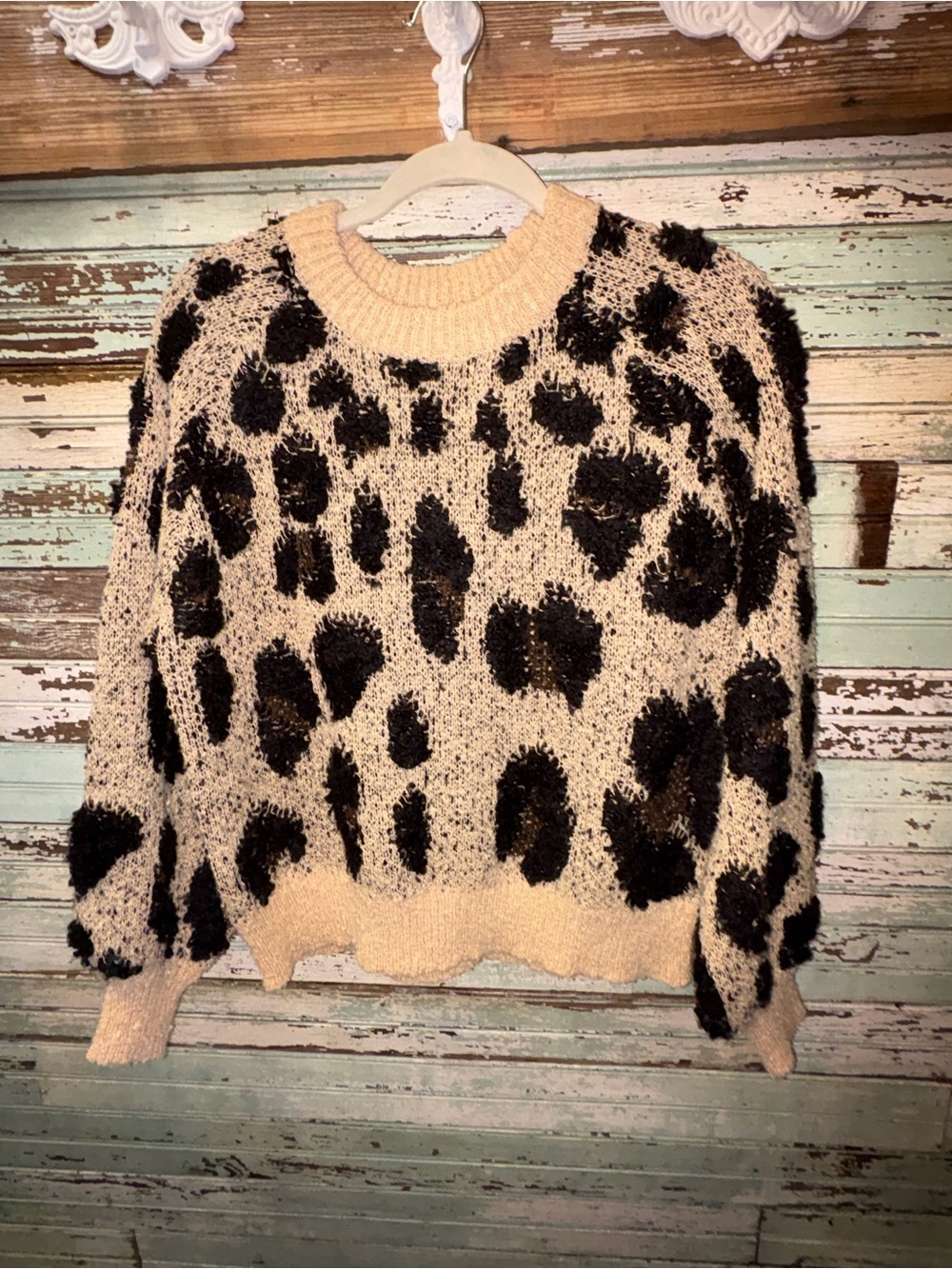 Mud Pie Cream and Black Leopard-Print Crewneck Sweater